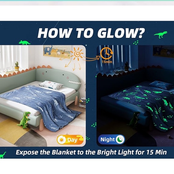 Glow in The Dark Dinosaur Throw Blanket Blue NEW - Picture 6 of 8